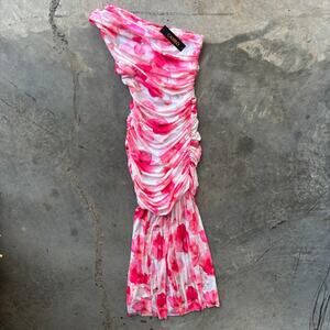 Cameo Ruched Mesh One Shoulder Maxi Dress Women's L Fuschia Floral Print